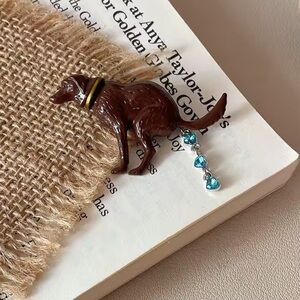 Pooping Brown Dog Brooch with Blue Accents